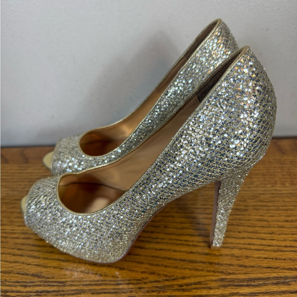 Badgley Mischka Heels Peep-Toe Gold Sparkle Size 9 Party Wedding‎ Maximalist
